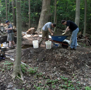 Arron, Cameron, & Jeremy keep busy at the Furnace by screening dirt from excavation units and saving the artifacts they find