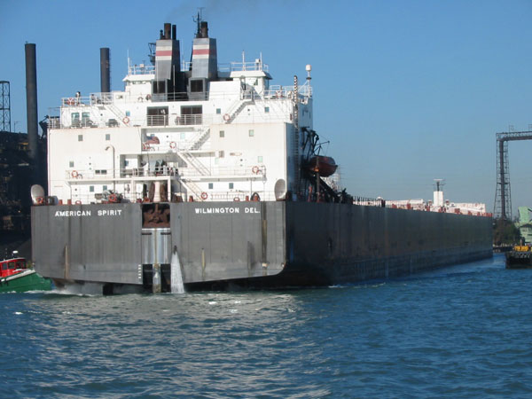 Lake freighter American Spirit
leaving Zug Island after unloading iron ore.